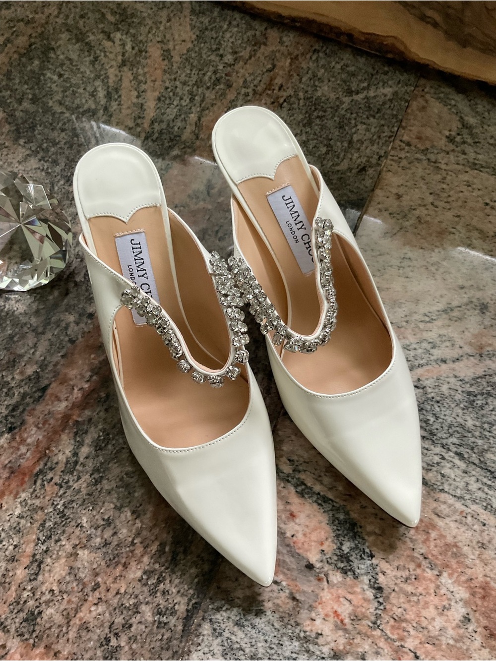 Jimmy Choo White Patent Pointed Slingback Heels with Crystal Strap